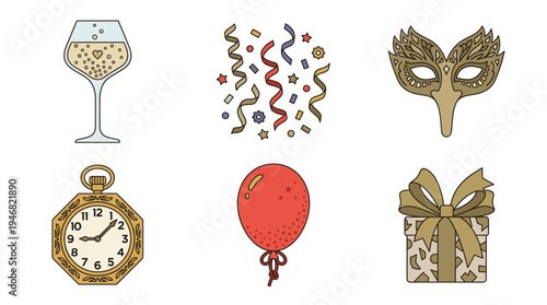 A vibrant collection of party icons including champagne, confetti, a masquerade mask, a pocket watch, balloon, and gift box. Perfect for holiday design.