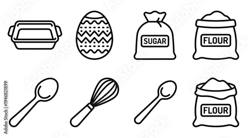 Set of outline icons for Easter baking. Includes egg, flour, sugar, and kitchen utensils. Perfect for recipes, holiday cards, or cooking apps.