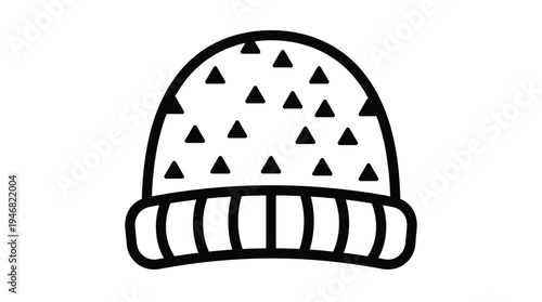 Minimalist black outline vector icon of a knitted beanie hat with triangular pattern and ribbed cuff. Perfect for winter, fashion, or cozy themed graphic design projects and apps.