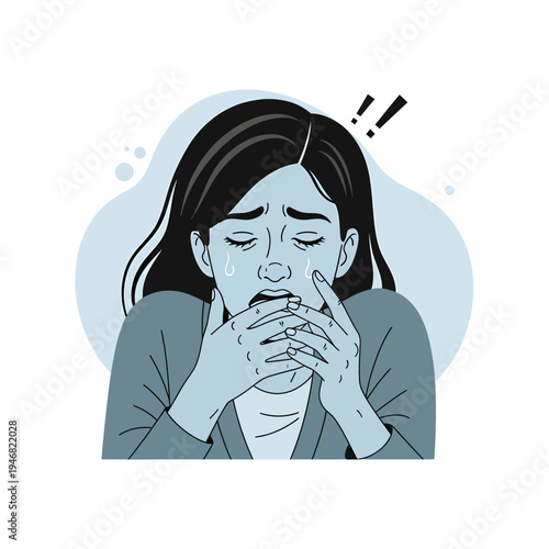 A distressed young woman with dark hair cries and covers her mouth in shock and disbelief