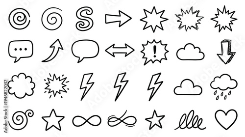 This lively collection of hand-drawn vector doodles includes arrows, speech bubbles, stars, and spirals. Ideal for creative projects, presentations, and digital design work.