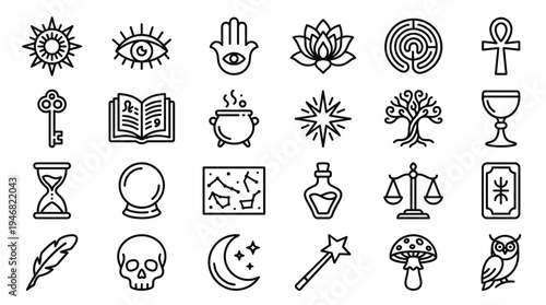 A collection of mystic and spiritual line icons. Includes symbols for magic, astrology, witchcraft, and alchemy. Vector set for esoteric design and spiritual branding.