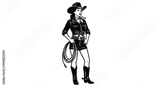A retro-style black and white vector illustration of a confident cowgirl in shorts and boots, holding a lasso. Ideal for Western logos, emblems, and vintage designs.