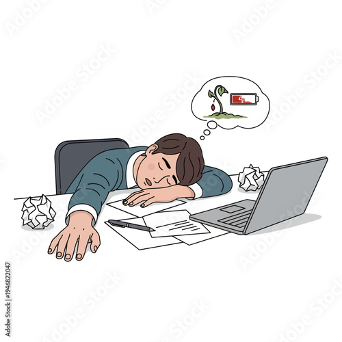 Exhausted businessman sleeping at his desk with a drained battery icon above his head, representing burnout and lack of energy