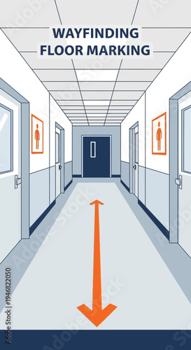 Navigational Floor Graphics Directing Traffic In a Sterile Corridor With Restroom Symbols