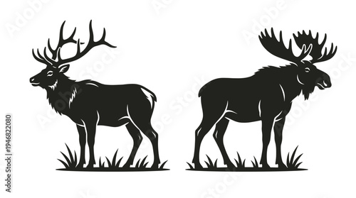 A set of two black silhouettes: a majestic deer and a powerful moose. Vector graphic illustration perfect for logos, emblems, or nature-themed design projects.