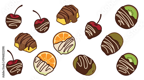 A delicious set of vector sweets: chocolate covered fruit, berries, and candy. Perfect for confectionery branding, party invitations, menus, and dessert-themed designs.