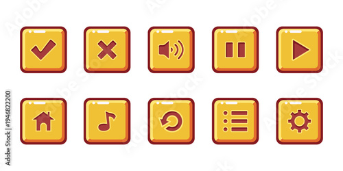 Bright yellow rounded icon set featuring media controls, navigation and app interface buttons for mobile and desktop UI. Play, pause, volume, home and settings symbols in a glossy vector style.