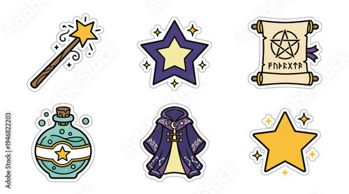 Whimsical sticker set featuring magic wands, stars, potion, scroll, and witch robe. Perfect for fantasy themes, kids' games, educational materials, and spellbinding decorations.