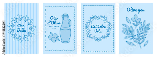 Italian summer poster set with olive branch wreath and Mediterranean blue border. Amalfi coastal aesthetic print wall art