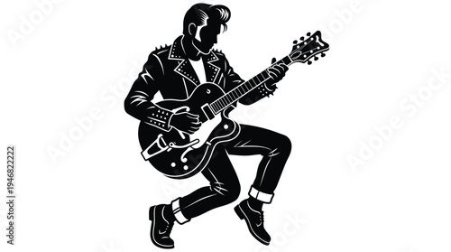 Energetic vector silhouette of a retro rock and roll guitarist playing an electric guitar. Captures classic rockabilly style and musical passion. Ideal for music events, vintage themes