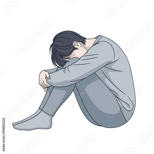 A poignant illustration of a person grappling with profound sadness and isolation, depicted sitting hunched, symbolizing emotional distress, introspection, and vulnerability