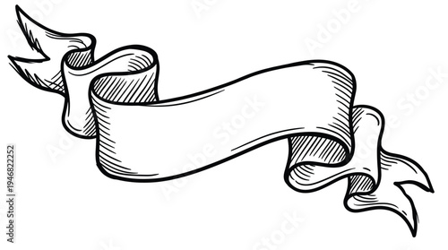 Hand drawn elegant ribbon banner scroll with empty space, perfect for text, titles or decorative elements. Vintage doodle style, versatile vector illustration for various designs.