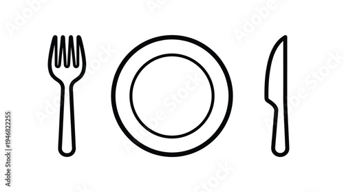 Clean black outline vector illustration of a fork, plate, and knife. Ideal for restaurant menus, food delivery apps, cooking blogs, or dining web design. Minimalist and versatile graphic.