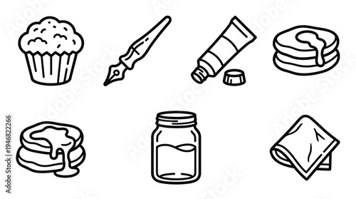 Clean, simple black line art vector icons of muffin, quill, paint tube, pancakes, jar, and folded cloth. Versatile for web, print, and UI design.