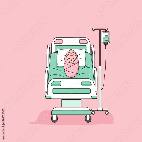 Newborn Infant Swaddled in Hospital Bed with Medical Supplies and Pink Background Illustration
