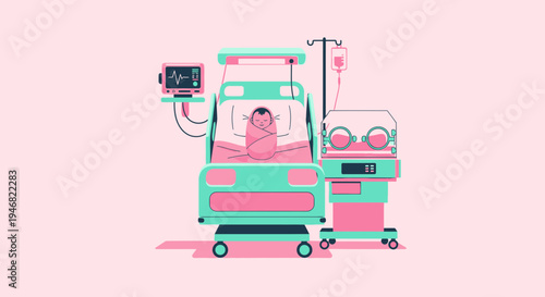 Newborn Baby in Neonatal Intensive Care Unit with Medical Monitoring and Equipment
