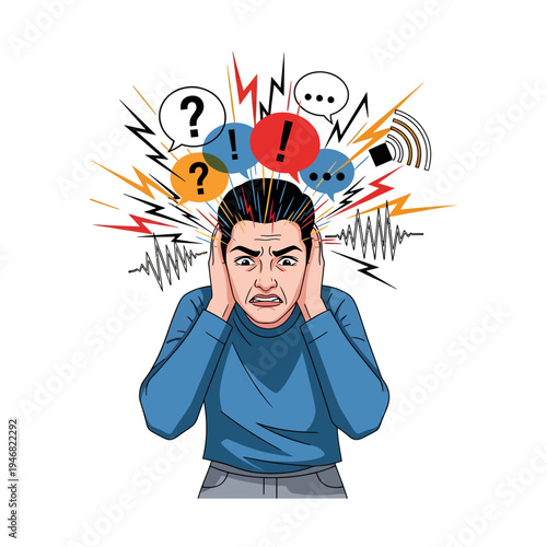 Man overwhelmed by stress and anxiety, with symbols of noise, questions, and exclamation marks emanating from his head, representing mental overload and pressure