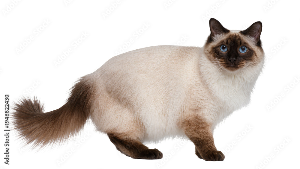 Obraz premium Isolated Seal Point Ragdoll cat with beautiful blue eyes, standing, looking at camera