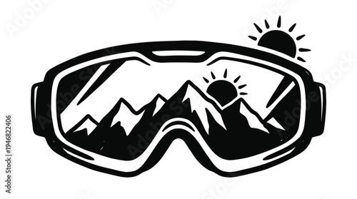 Stylish hand-drawn vector of ski goggles reflecting sunny mountains, ideal for winter sports, travel, and adventure themes. Perfect for branding, apparel, or digital.