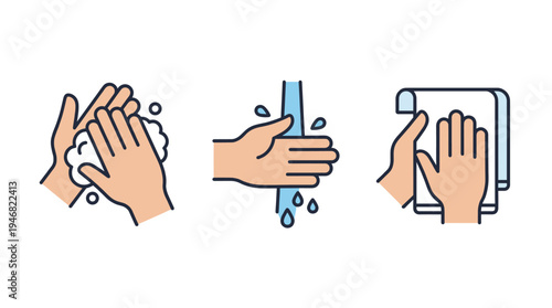 Vector illustration showing essential handwashing steps: lathering, rinsing, and drying. A clear, educational guide for clean hygiene protocol, ideal for health campaigns and public awareness.
