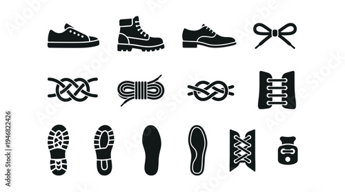 A comprehensive vector collection of black shoe, boot, and shoelace icons, including various knots, soles, and insoles. Ideal for fashion, retail, sport, and DIY designs.