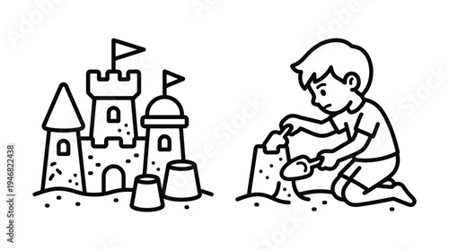 This cheerful vector illustration depicts a child building a sandcastle at the beach, perfect for summer themes, childhood, play, and vacation concepts. Ideal for educational materials