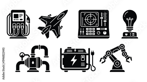 A modern vector set of black glyph icons depicting industrial technology, energy, and mechanical processes. Perfect for web, app, infographic, and presentation designs.