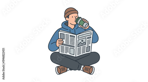 Illustration of a young man enjoying his morning routine, sitting cross-legged, reading a newspaper, and sipping coffee from a reusable cup. Perfect for digital lifestyle content.