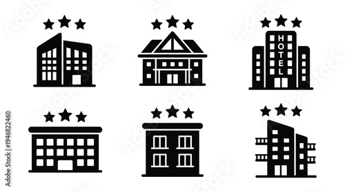 A versatile set of six black vector hotel icons with three stars, ideal for apps, websites, travel brochures, and rating systems in the hospitality industry.