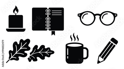 Collection of black glyph vector icons representing study, work, and relaxation essentials: candle, notebook, glasses, leaves, mug, pencil. Ideal for cozy designs.