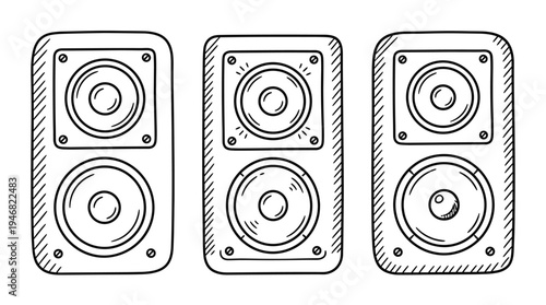Collection of three hand-drawn audio speakers. Perfect for music, sound, and entertainment projects, conveying a fun, retro, and creative vibe. Vector style illustration.