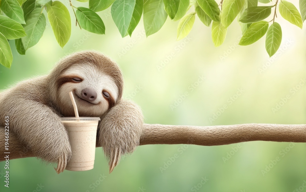 Fototapeta premium Sleepy Sloth Relaxing with Drink on Tree Branch