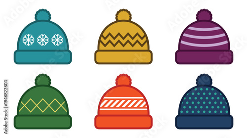 A cheerful vector collection of six diverse flat design winter hats, each with a pom-pom and unique pattern. Perfect for seasonal graphics, app icons, and cozy holiday themes.