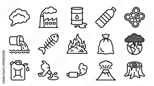 A set of clean vector outline icons illustrating various environmental crises like pollution, waste, and deforestation. Perfect for eco-themed designs, reports, and digital projects.