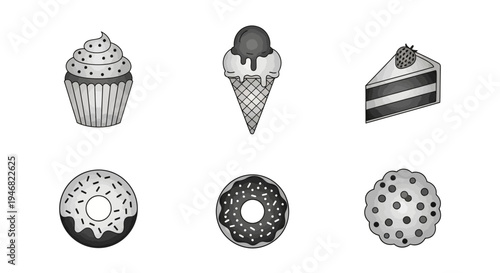 Assortment of Sweet Treats: Cupcake, Ice Cream, Cake Slice, Donuts, and Cookie
