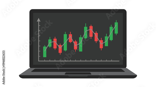 Vector illustration of a laptop showing a dynamic financial candlestick chart, ideal for finance, trading, investment, and technology themes.
