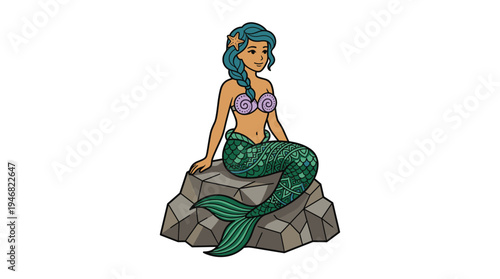 A cheerful cartoon mermaid with a starfish in her blue hair, sitting gracefully on a rock. Ideal vector art for children's stories, fantasy themes, and magical designs.