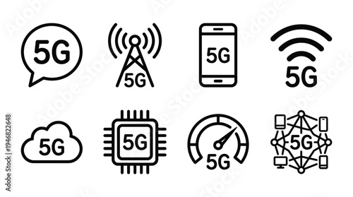A collection of modern 5G technology line icons for fast internet, mobile communication, cloud services, and data processing. Perfect for tech designs.