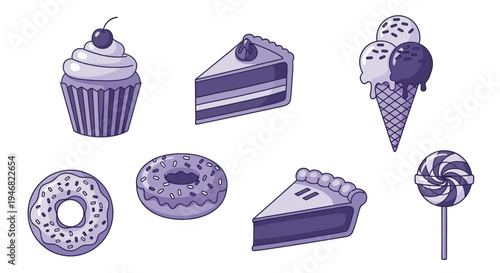 Assortment of Sweet Treats, Cakes, Donuts, Ice Cream, and Sweets Illustrations in Cartoon Style