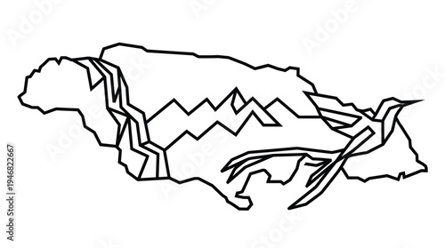 A modern minimalist line art vector outline of Jamaica's map, featuring internal geometric patterns suggesting mountains and a symbolic hummingbird. Ideal for travel, geography, and cultural design.