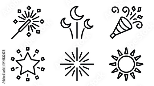 A versatile set of vector line icons including celebration elements like sparklers, party poppers, stars, and celestial symbols like moons and the sun. Perfect for web design.