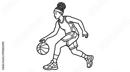 Dynamic line art illustration of a female basketball player dribbling, showcasing athleticism and determination. Perfect for sports, fitness, or youth-related designs.