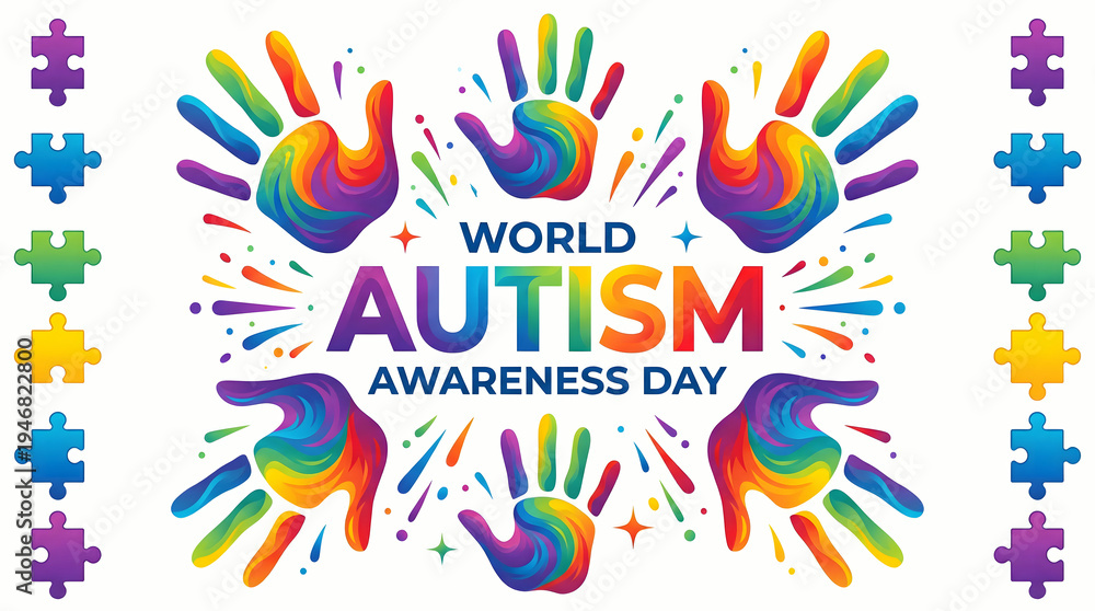 Fototapeta premium Colorful Rainbow Hands and Puzzle Pieces for World Autism Awareness Day