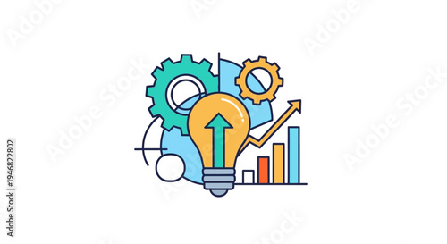 Business and innovation concept symbolized by gears, arrow, lightbulb and rising graph