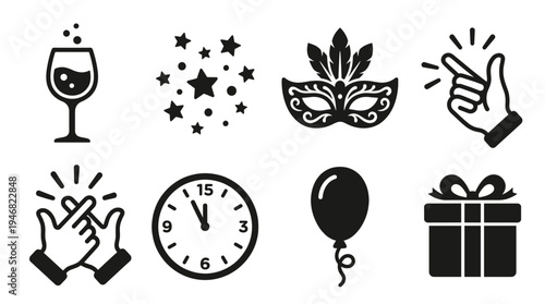Vector silhouette icons for celebration, party, New Year. Includes wine glass, confetti, mask, countdown clock, gift, balloon, finger gestures. Perfect for web, app, print designs.