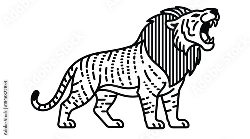 Stylized roaring lion vector illustration in bold black line art with geometric patterns. Evokes strength, wildness, and courage for modern branding, logos, mascots, or decorative design.