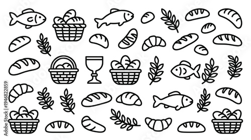 Collection of black outline icons featuring fish, bread, baskets, croissants, wheat, and a chalice. Ideal for religious themes, bakeries, food menus, or web design.