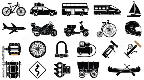 A comprehensive set of black silhouette vector icons showcasing various modes of transportation, travel accessories, and adventure equipment. Ideal for web, apps, or infographics.
