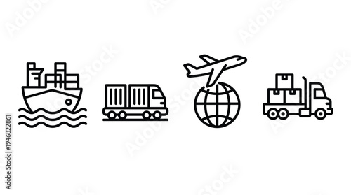 Set of minimalist line art icons representing global logistics, shipping, and delivery services, including a cargo ship, container trucks, and air freight, ideal for business use.